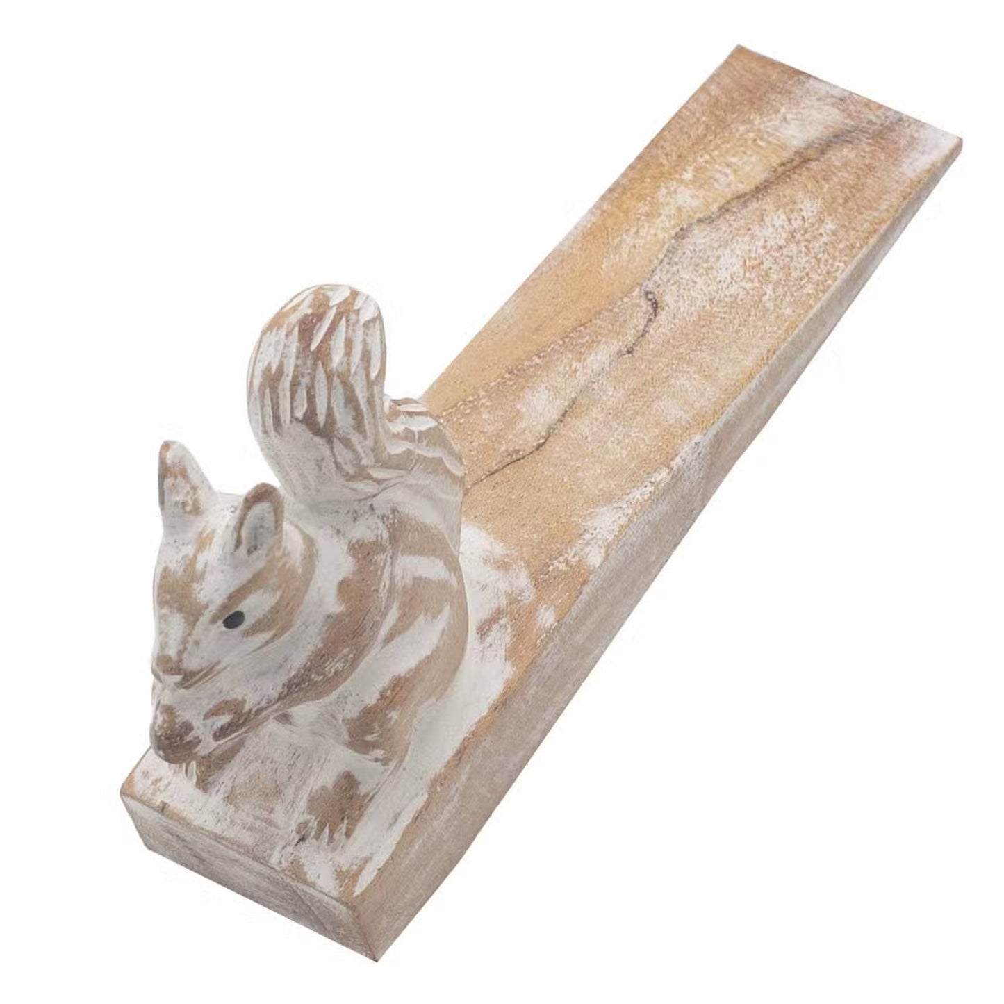 Decorative wooden block with a squirrel design on a white background