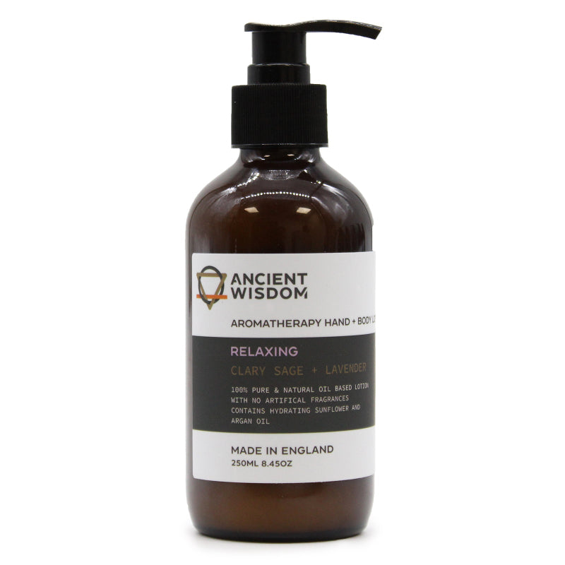 Brown bottle with pump hand and body lotion for relaxing skincare - Ancient Wisdom