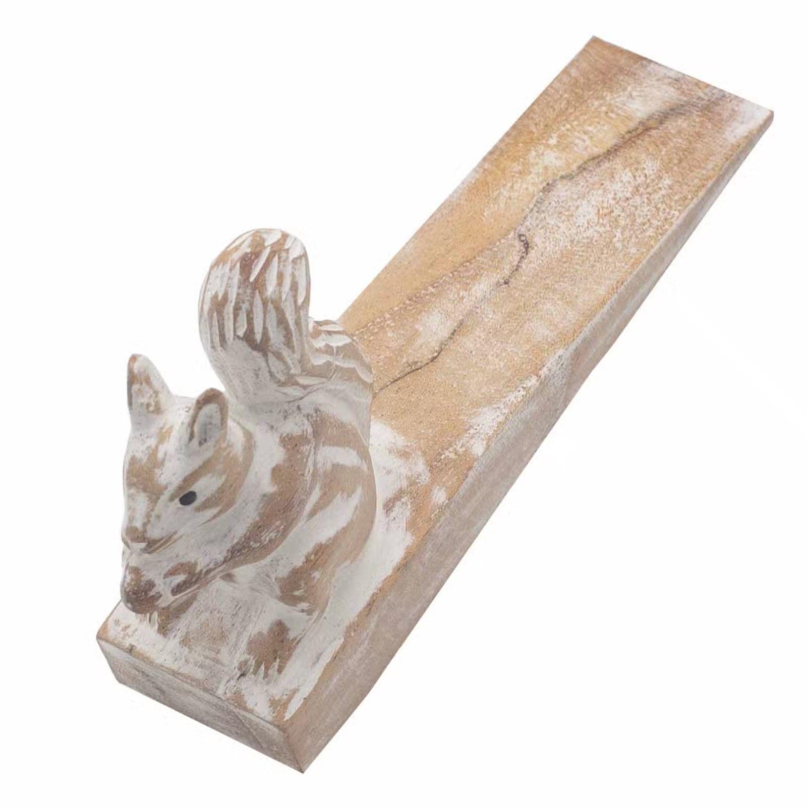 Decorative wooden block with a squirrel design on a white background
