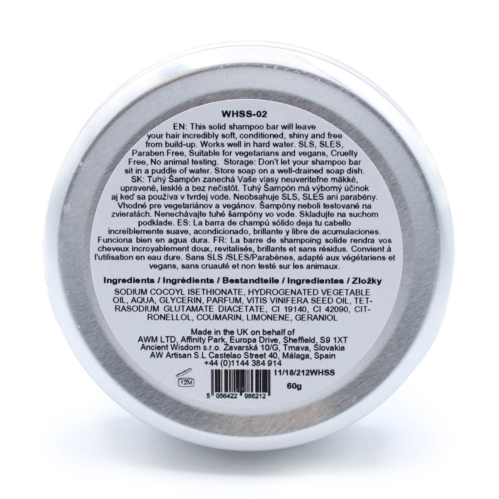 Back label of a shampoo bar container with text and product details - Ancient Wisdom