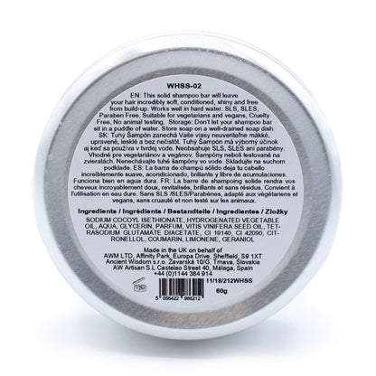 Back label of a shampoo bar container with text and product details - Ancient Wisdom