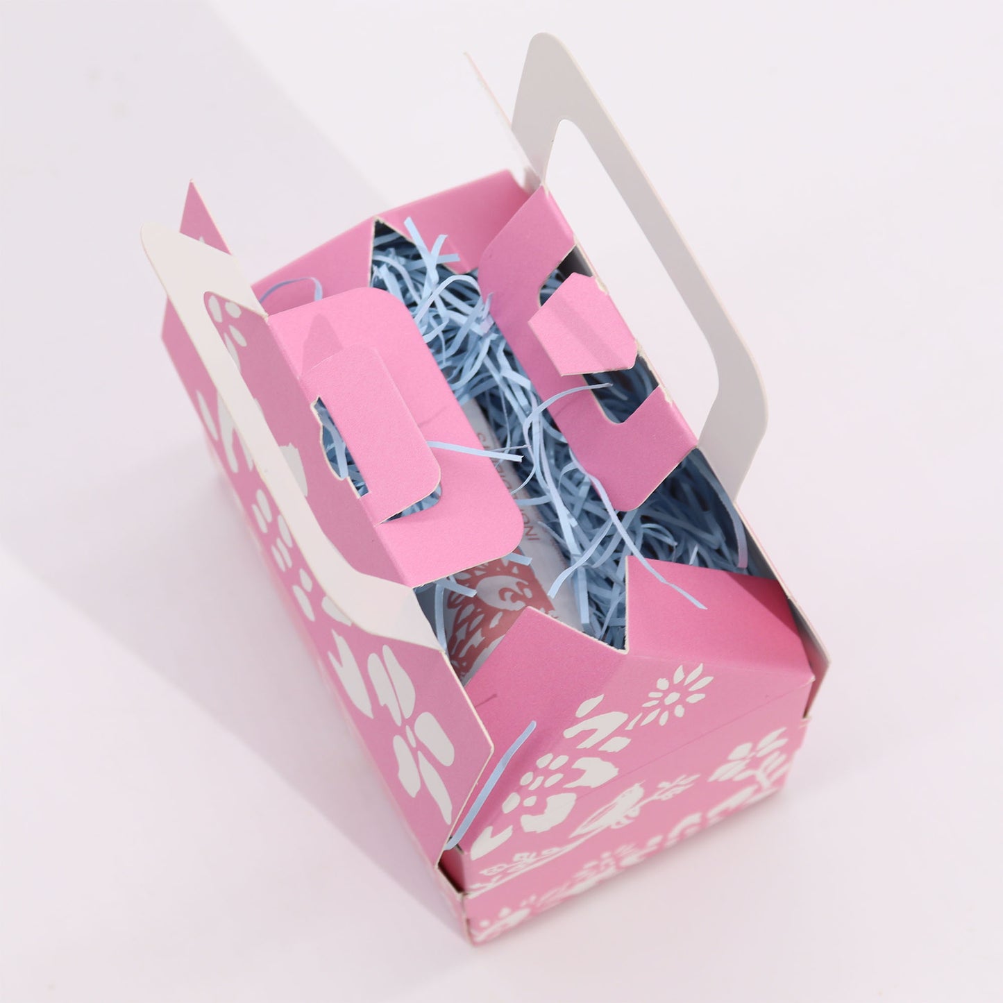 Pink gift box with blue ribbons on a white background - Agnes and Cat