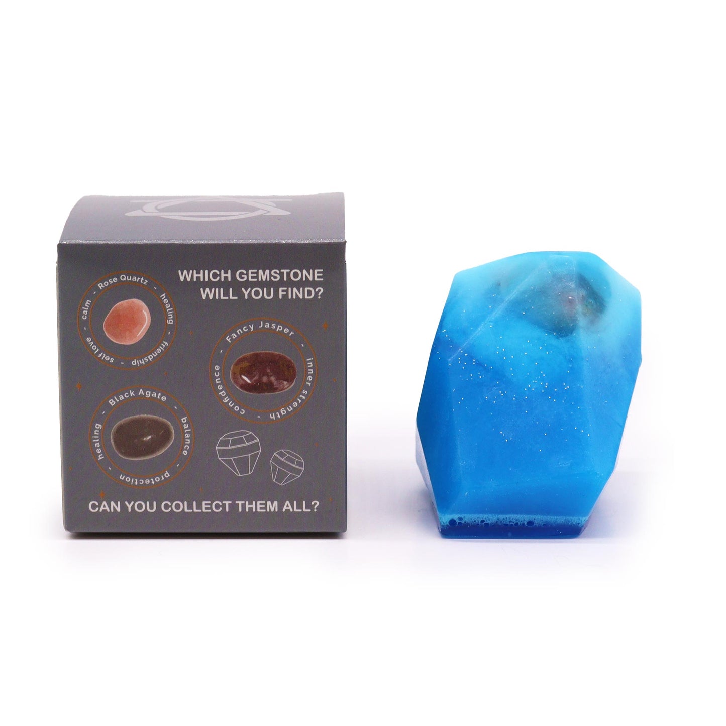 Crystal infused cleansing bar spa bath experience blue gemstone labeled 'Which gemstone will you find - Ancient Wisdom
