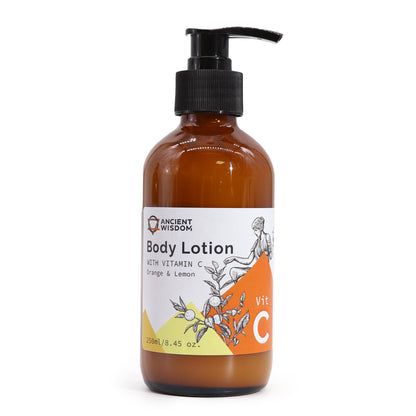 Pump bottle of vitamin C body lotion with a label for hydration and skin radiance - Ancient Wisdom