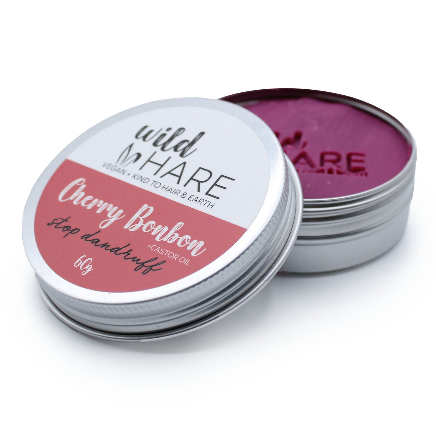 Open tin of Wild Hare Cherry Bonbon hair product on a white background - Ancient Wisdom