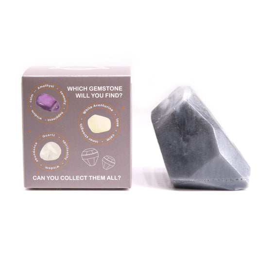 Crystal Elemental Soap bar with gemstone next to a box luxury bath treat - Ancient Wisdom