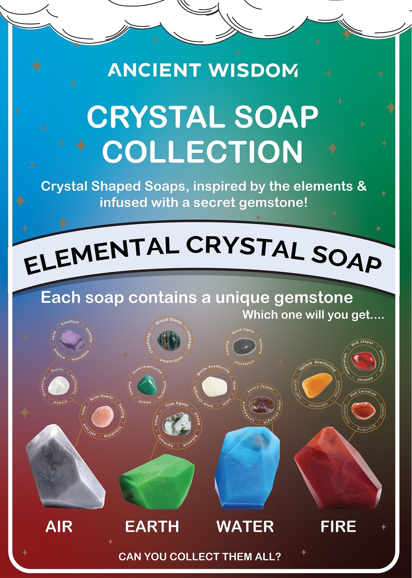 Advertisement for Elemental Crystal Soap collection with crystal shapes and gemstones - Ancient Wisdom