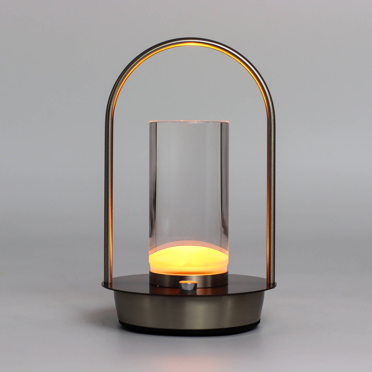 Modern crystal lantern-style touch lamp with a glass cover and metal handle on a gray background - Kraas
