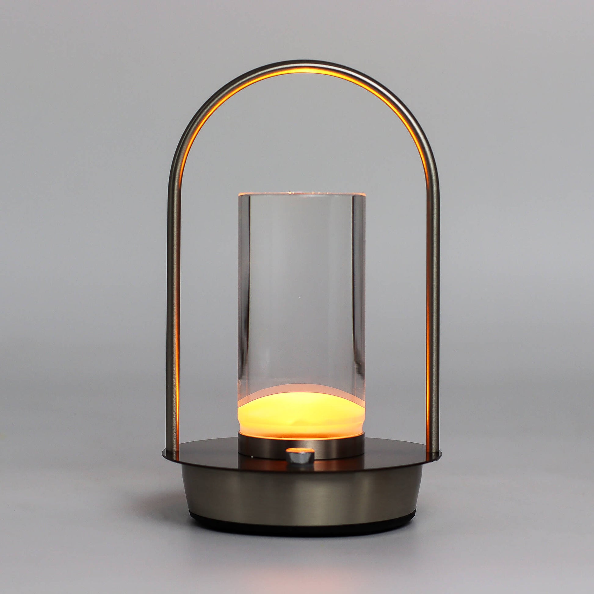 Modern crystal lantern-style touch lamp with a glass cover and metal handle on a gray background - Kraas