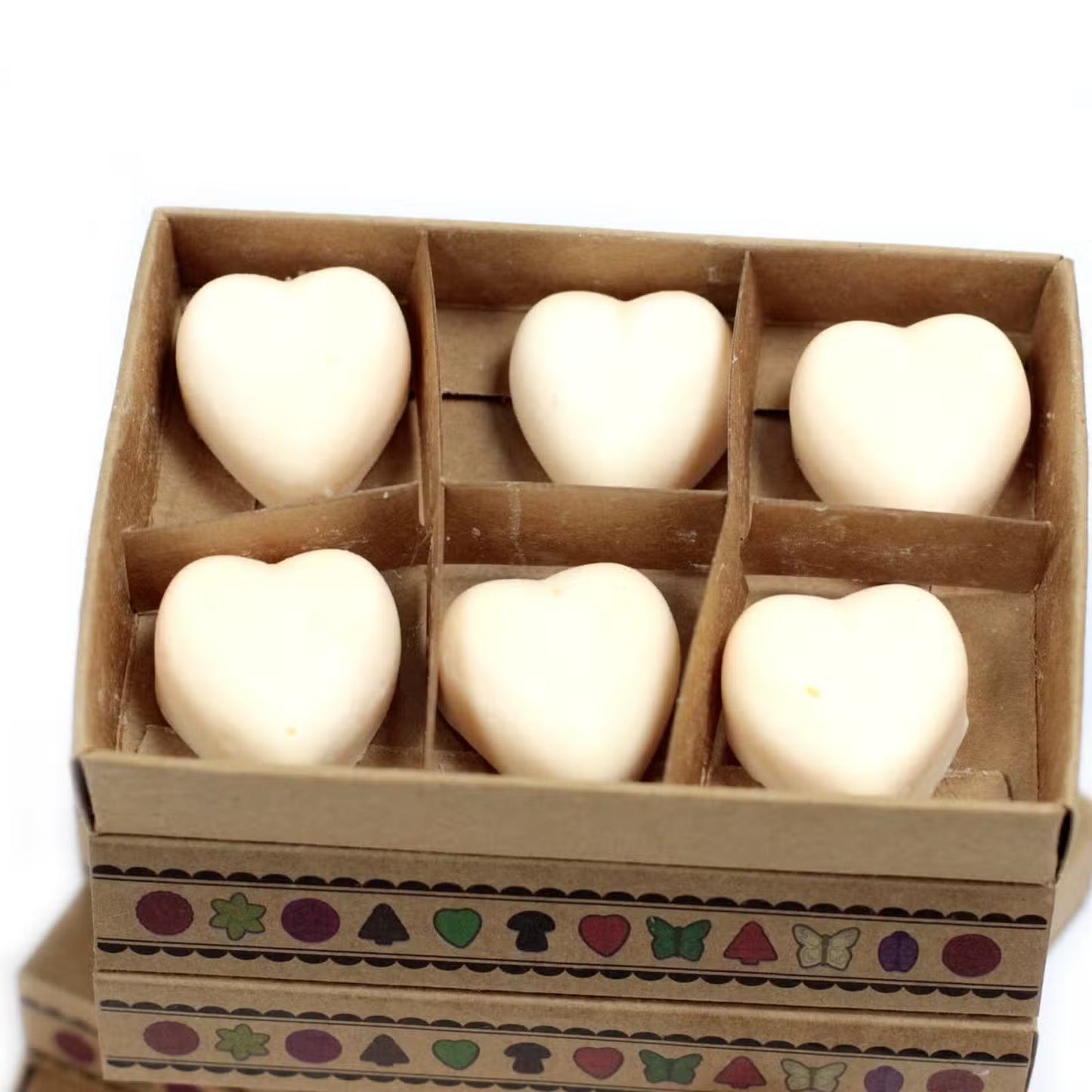 Heart shaped cinnamon and orange soy wax melts in a decorative box with colorful patterns recycle friendly materials - Ancient Wisdom