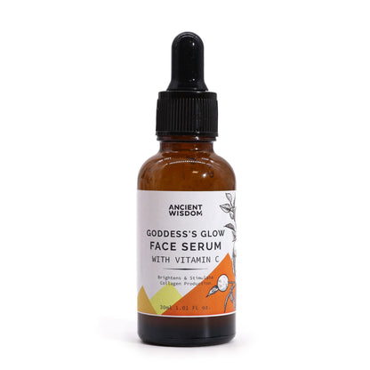 Close-up of Vitamin C serum bottle  highlighting natural ingredients - Ancient Wisdom