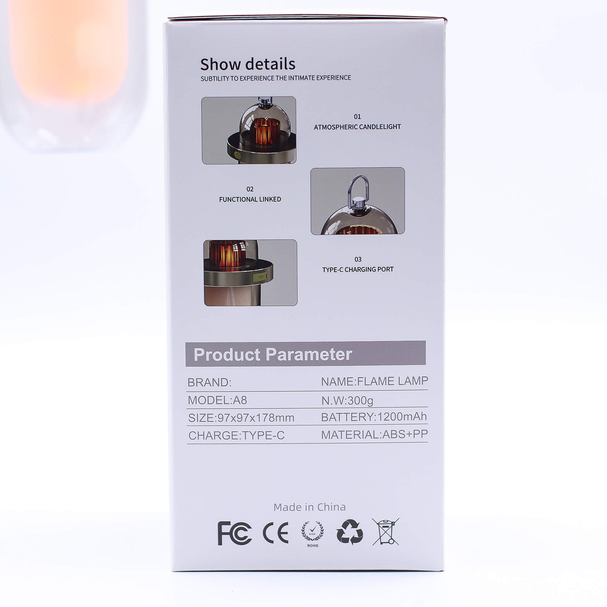 Product packaging with details of a flame lamp - Kraas
