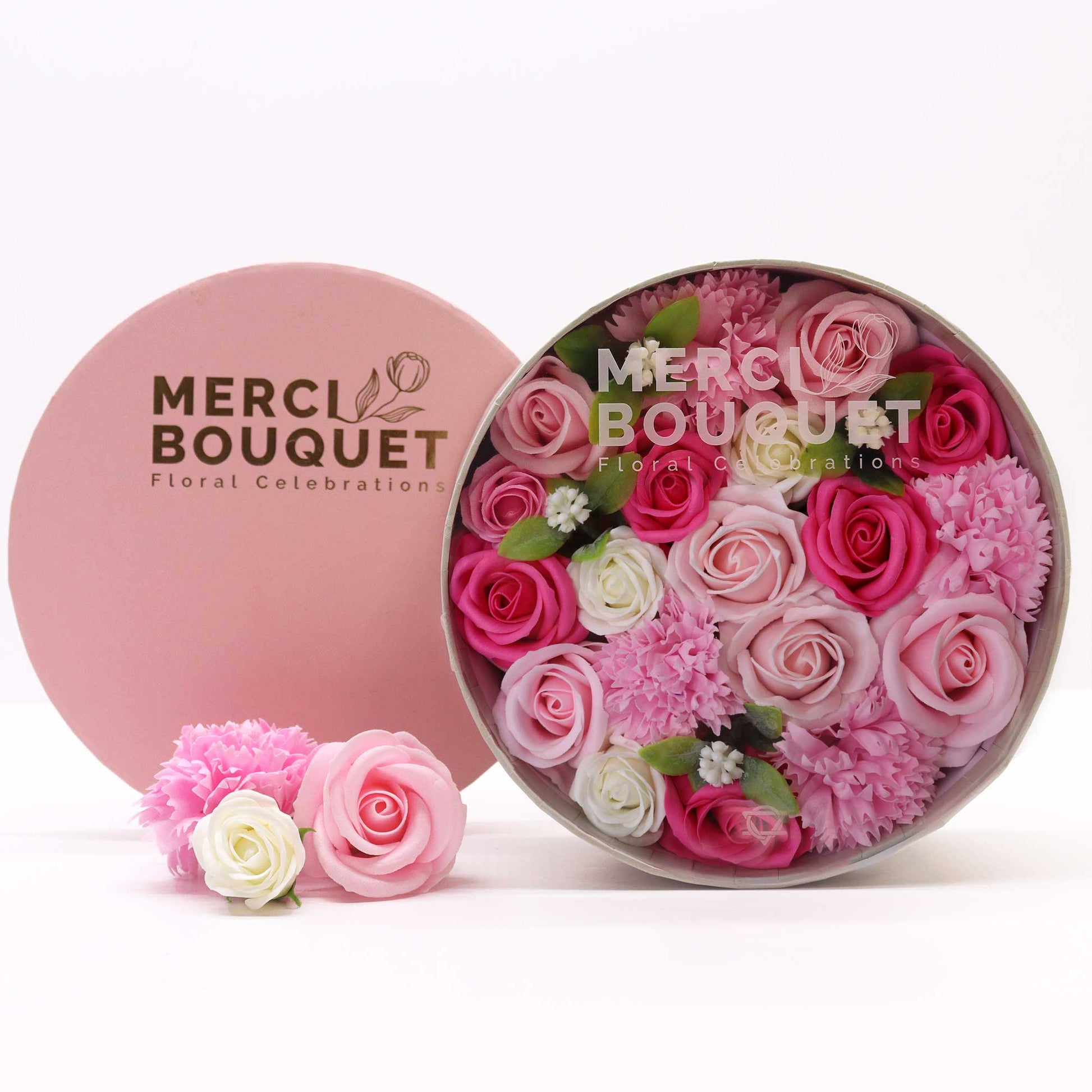 Merci Bouquet pink and white soap floral arrangement in a presentable round box with pink lid - Ancient Wisdom