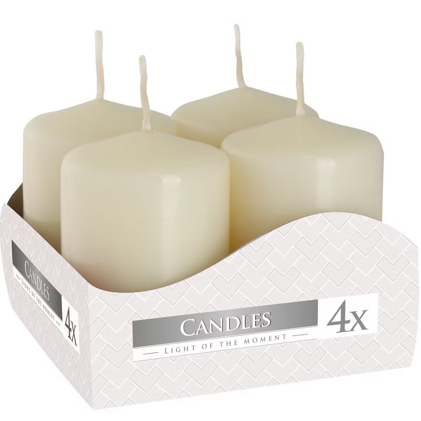 Set of four white ivory pillar candles in a box labeled 'Candles Light of the Moment' - Kraas
