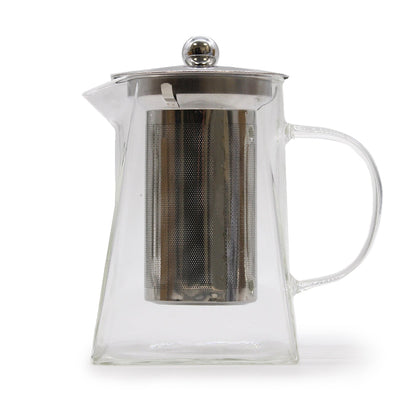 Clear glass teapot with metal infuser on a white background - Kraas