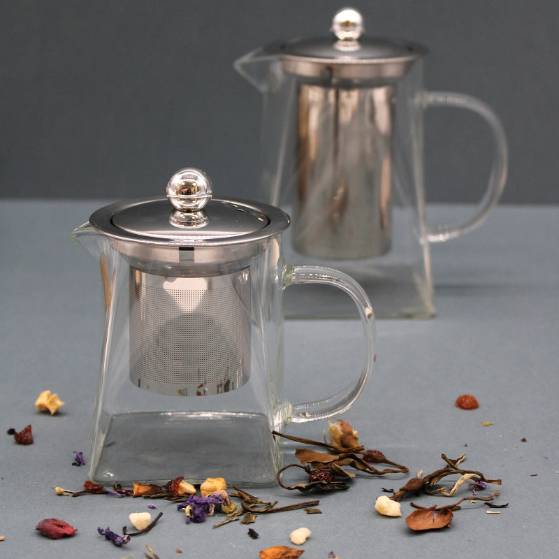 Elegant clear glass teapot with stainless steel infuser and metal lid for loose leaf tea with dried herbs - Kraas