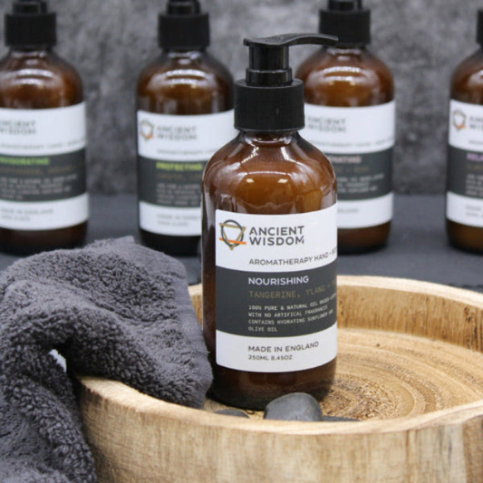 Hand & body lotion pump bottle with grey towel and wooden bowl natural wellness skincare display - Ancient Wisdom
