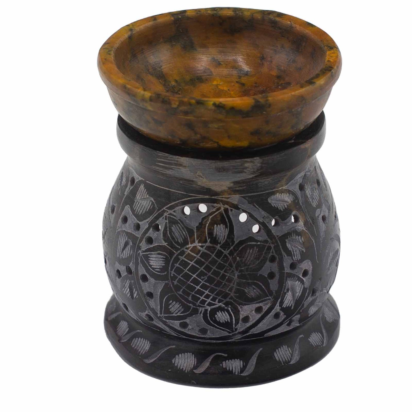 Hand-carved soapstone oil burner Mandala Flower design  intricate cut out design with wooden oil container - Ancient Wisdom