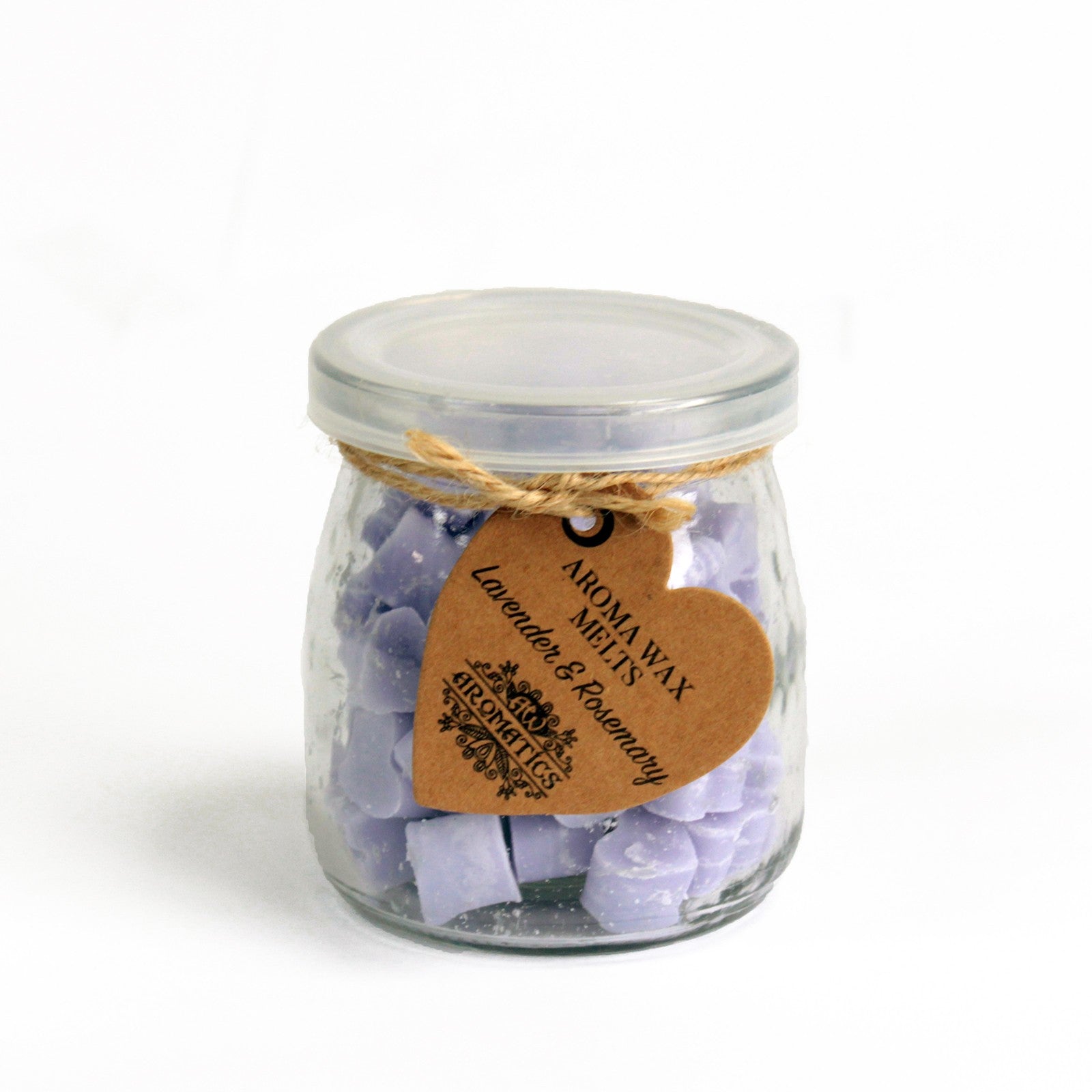 Jar of lavender and rosemary wax melts with a heart shaped tag on a white background - Ancient Wisdom