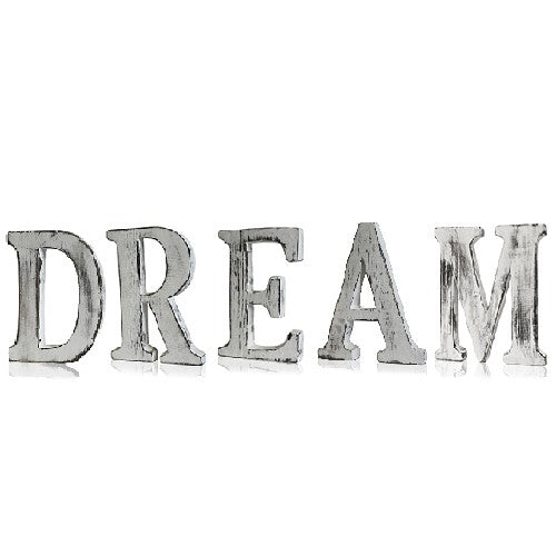 Decorative mango wood letters spelling 'DREAM' arranged for rustic home décor styling - Kraas

