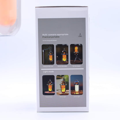 Flame effect lamp packaging with images of a light device and text - Kraas