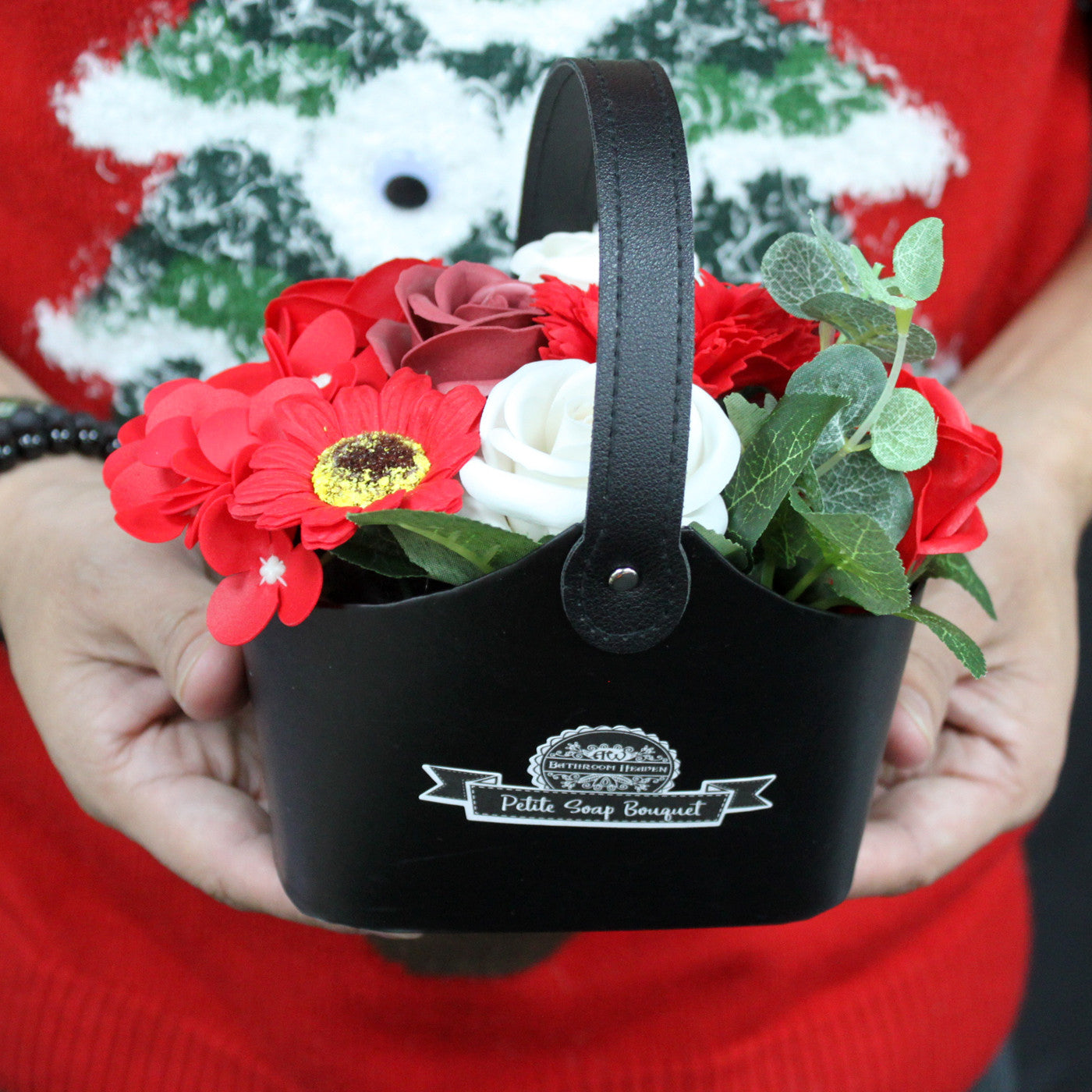 Petite soap flower bouquet in red and white colours, perfect for gifts and wedding favours - Ancient Wisdom