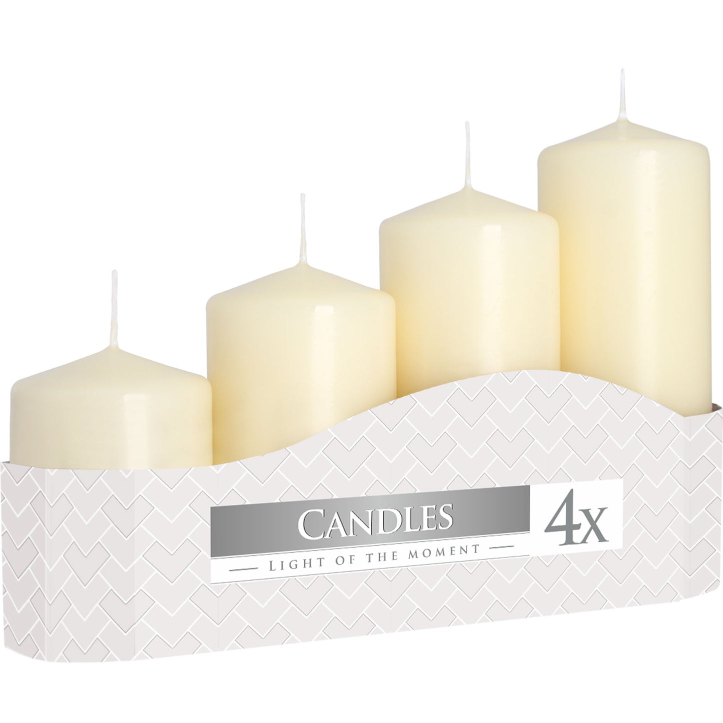 Set of four white candles in a box with 'Candles Light of the Moment' label for home décor and table styling - Kraas