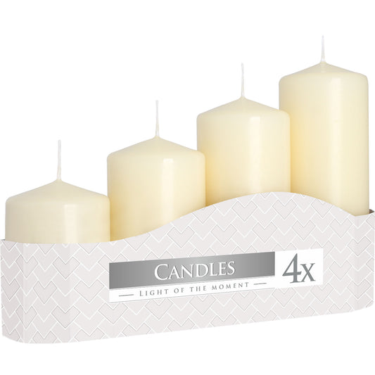 Set of four white candles in a box with 'Candles Light of the Moment' label for home décor and table styling - Kraas