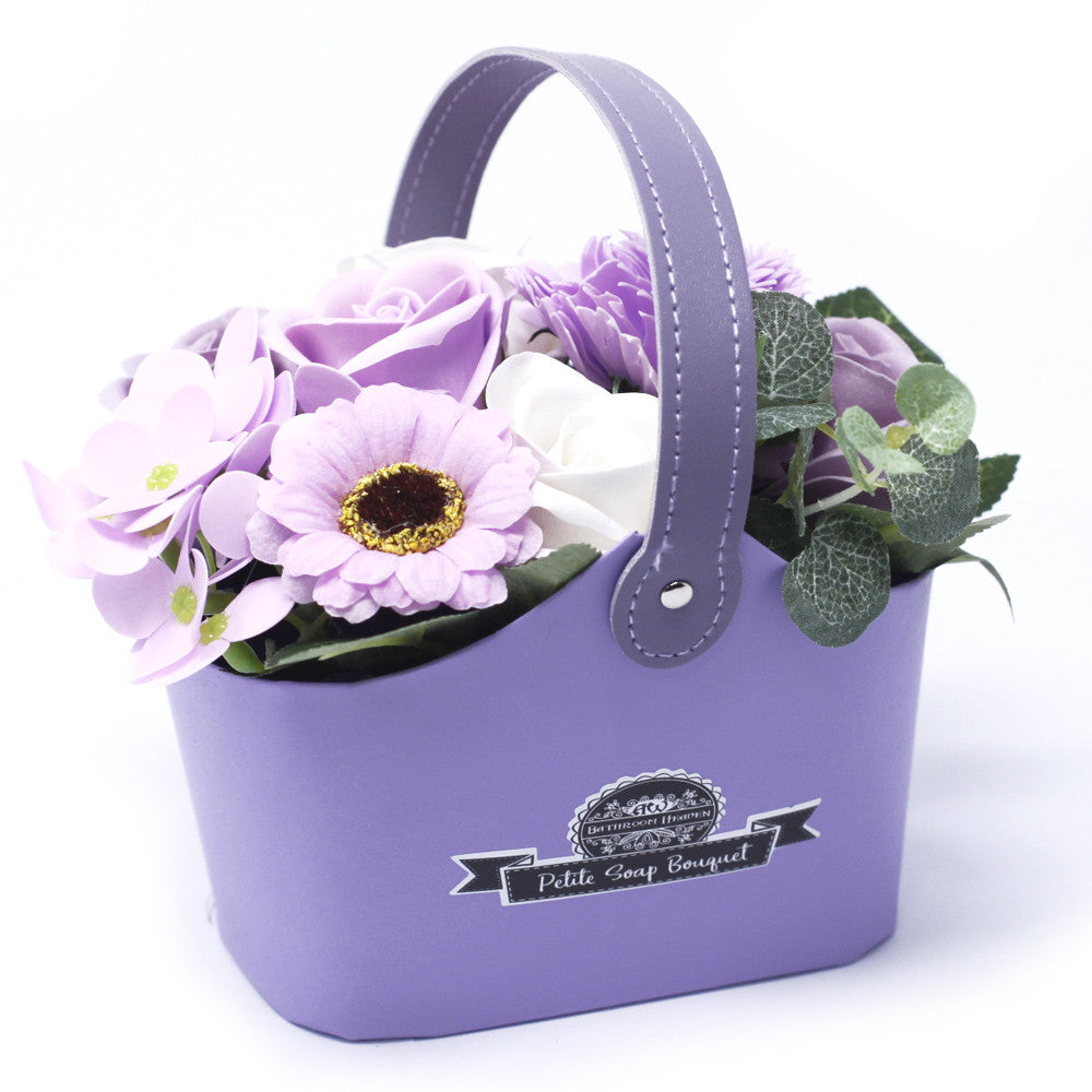 Purple flower soap bouquets displayed for party and event gifts - Ancient Wisdom