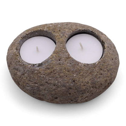 Double tea light river stone candle holder with organic texture - Kraas