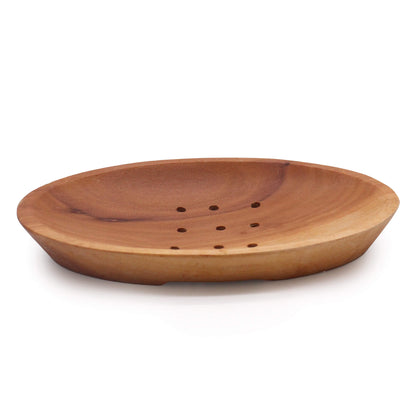 Wooden soap holder showing smooth finish and natural grain with drain holes - Kraas