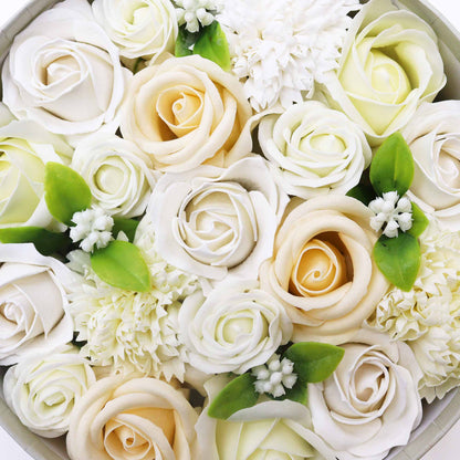 Premium floral soap gift box close-up of a bouquet of white and beige roses with green leaves,  ideal for birthdays, anniversaries and special occasions - Ancient Wisdom