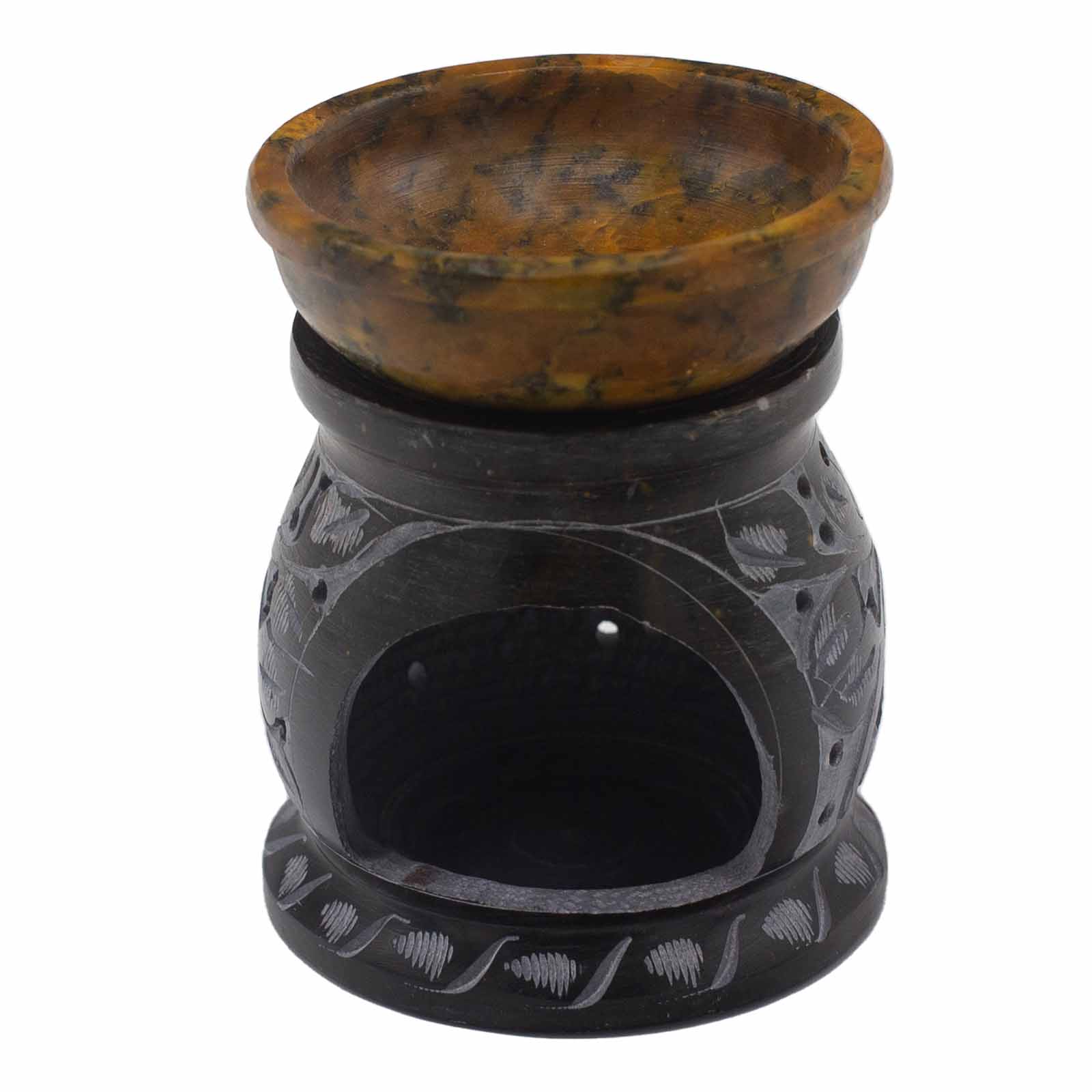 Natural black and brown soapstone oil burner crafted in Indonesia for essential oils rare view with fireplace - Ancient Wisdom