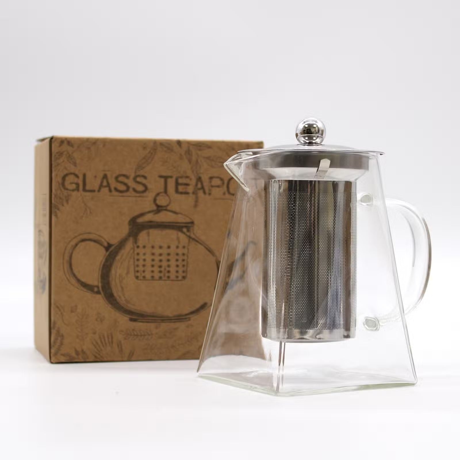 Glass teapot with metal infuser and cardboard box labeled 'Glass Teapot' - Kraas