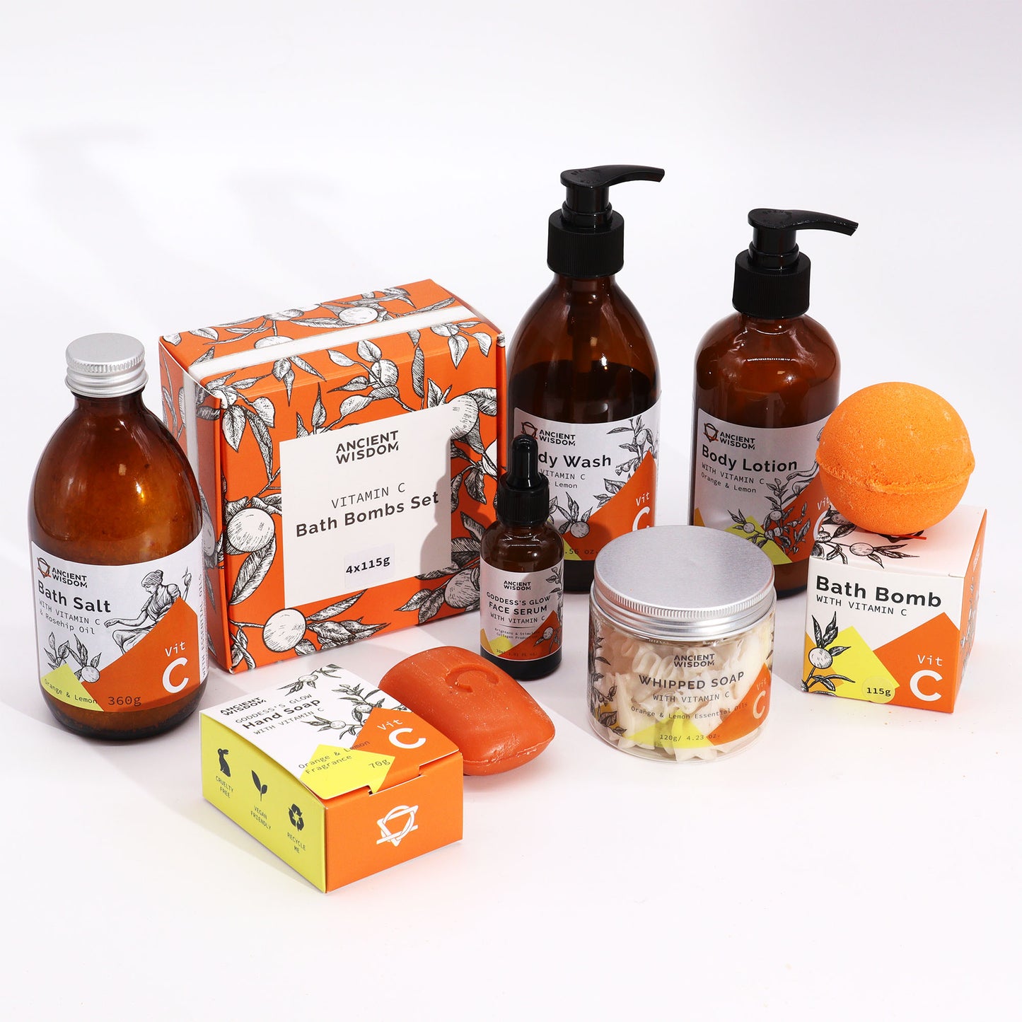 Vitamin C skincare set with bath bomb, body lotion and face serum for glowing, hydrated and youthful skin – Ancient Wisdom
