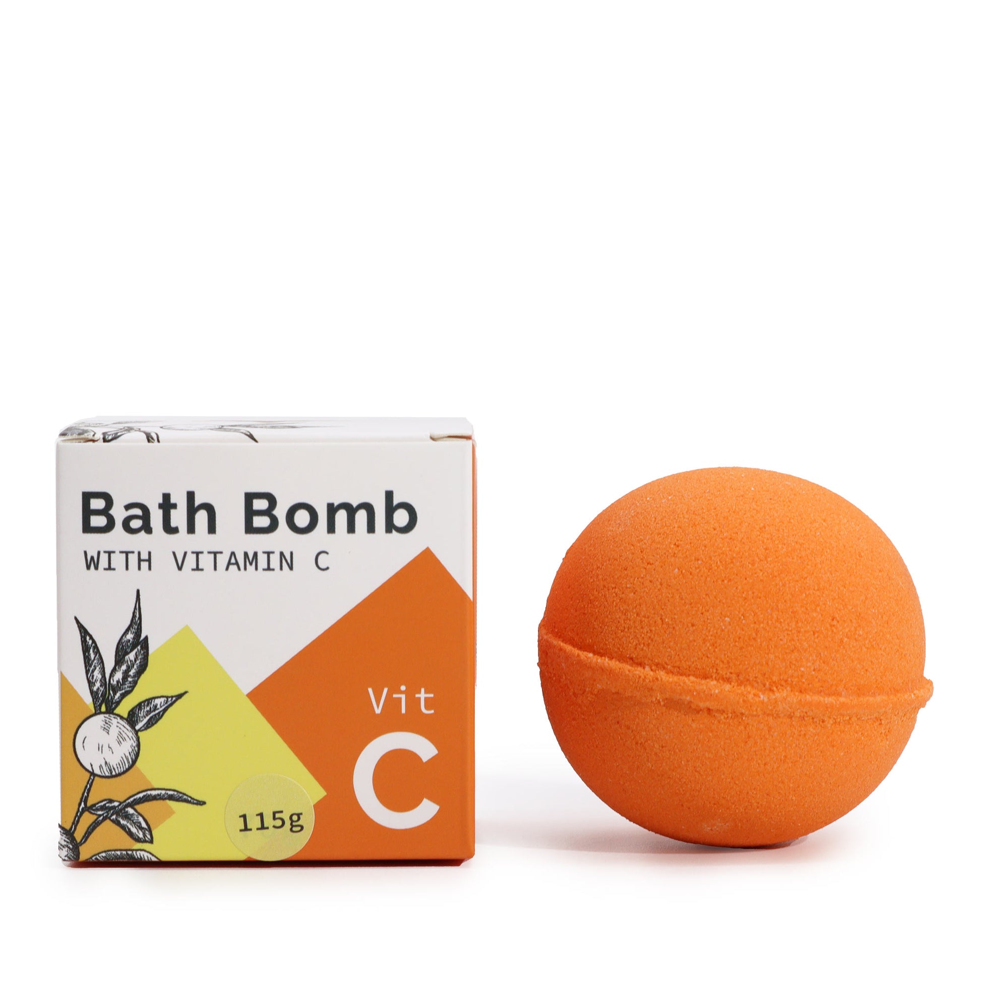 Orange bath bomb with 'Bath Bomb with Vitamin C' packaging on a white background - Ancient Wisdom