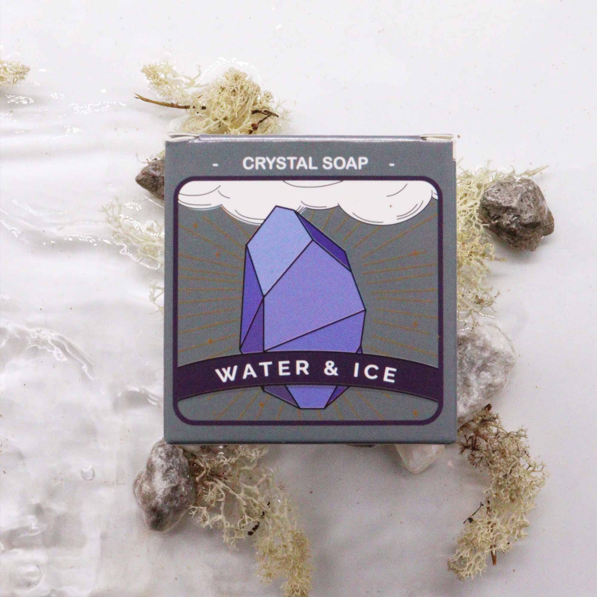 Crystal soap packaging with 'Water & Ice' text on a natural stone  - Ancient Wisdom