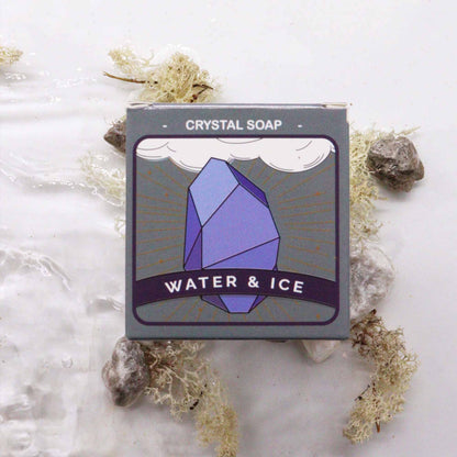 Crystal soap packaging with 'Water & Ice' text on a natural stone  - Ancient Wisdom