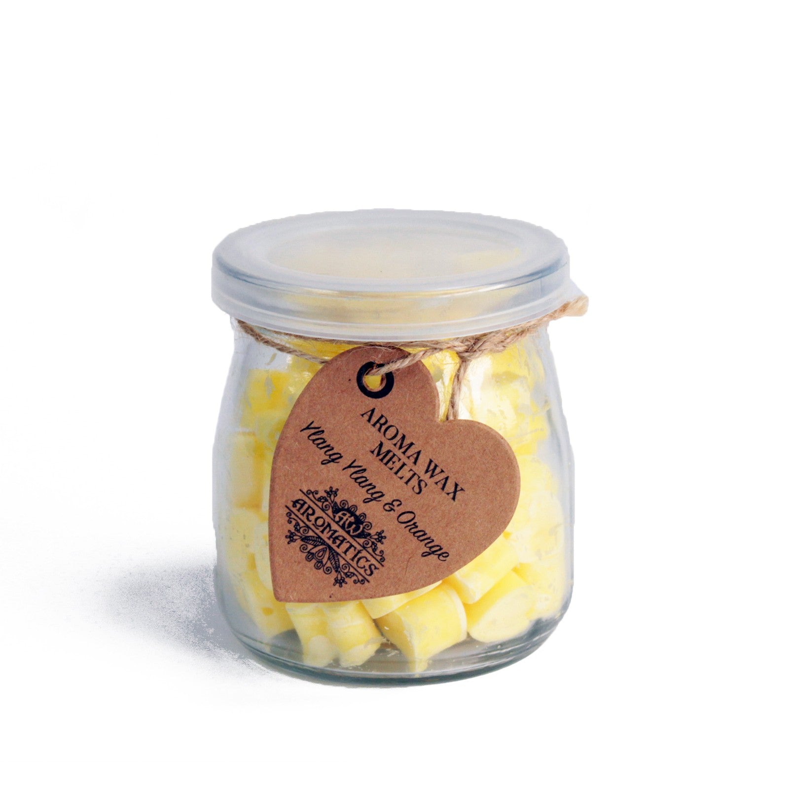 Jar of ylang and orange Aroma Wax Melts with a heart shaped label with white background - Ancient Wisdom