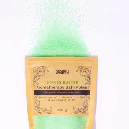 Natural bath salts with bergamot geranium and vetiver in open kraft bag - Ancient Wisdom