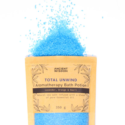 Natural bath salts with lavender orange and basil in open kraft bag - Ancient Wisdom