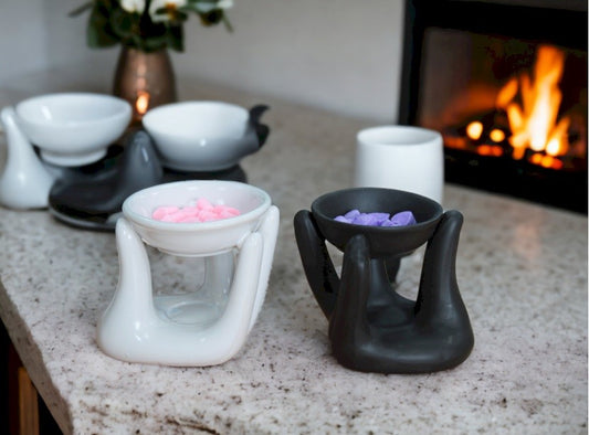 main product page image of unique ceramic oil burners showing wax in burners - Kraas